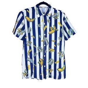 Savannah Bananas Blue & White Stripe Short Sleeve Button Up Shirt Men's Small
